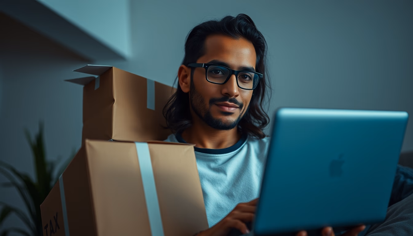 Brazilian e-commerce founder with packages and laptop showing tax software in editorial style