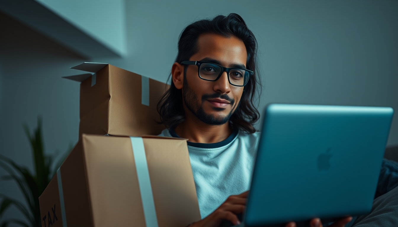 Fundador de e-commerce com pacotes e laptop com software fiscal em estilo editorial