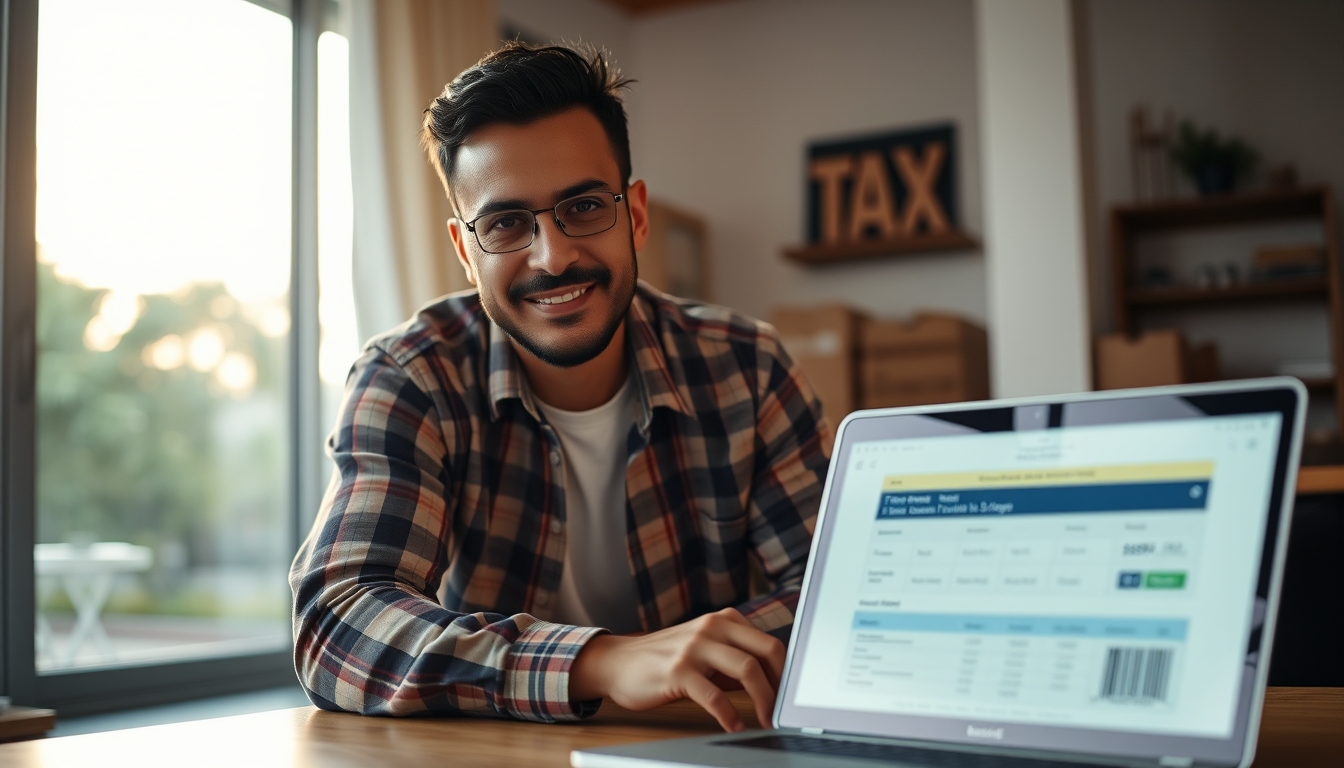 Fundador de e-commerce com pacotes e laptop com software fiscal em estilo editorial