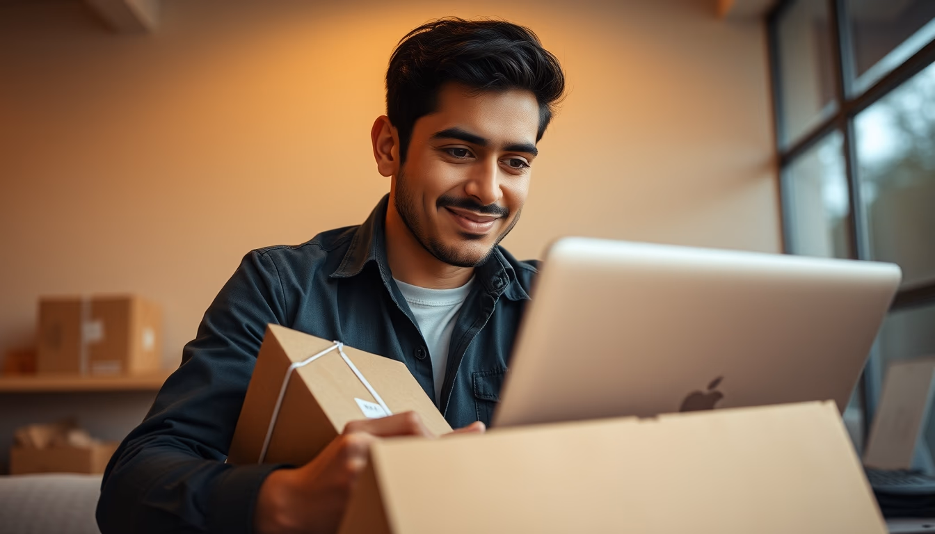 Brazilian e-commerce founder with packages and laptop showing tax software in editorial style