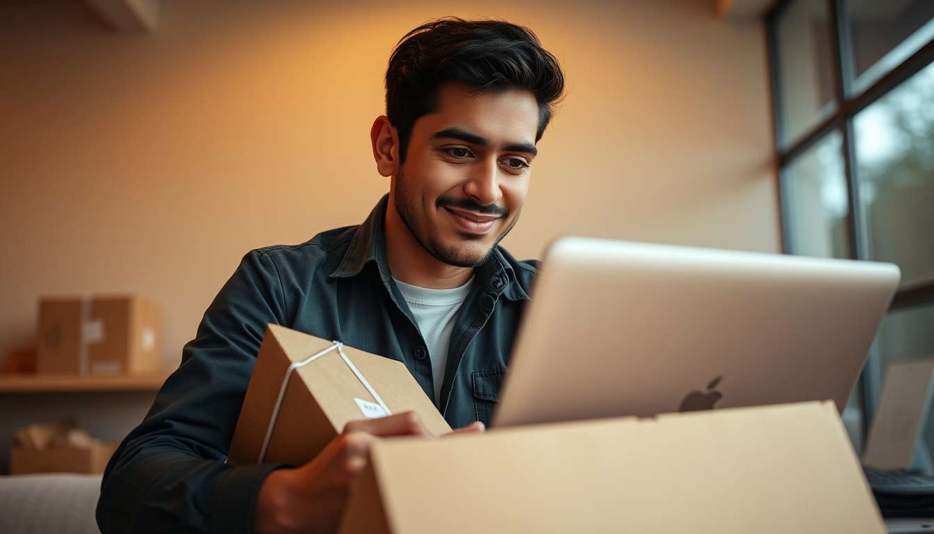 Fundador de e-commerce com pacotes e laptop com software fiscal em estilo editorial