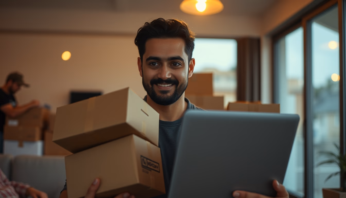 Brazilian e-commerce founder with packages and laptop showing tax software in editorial style
