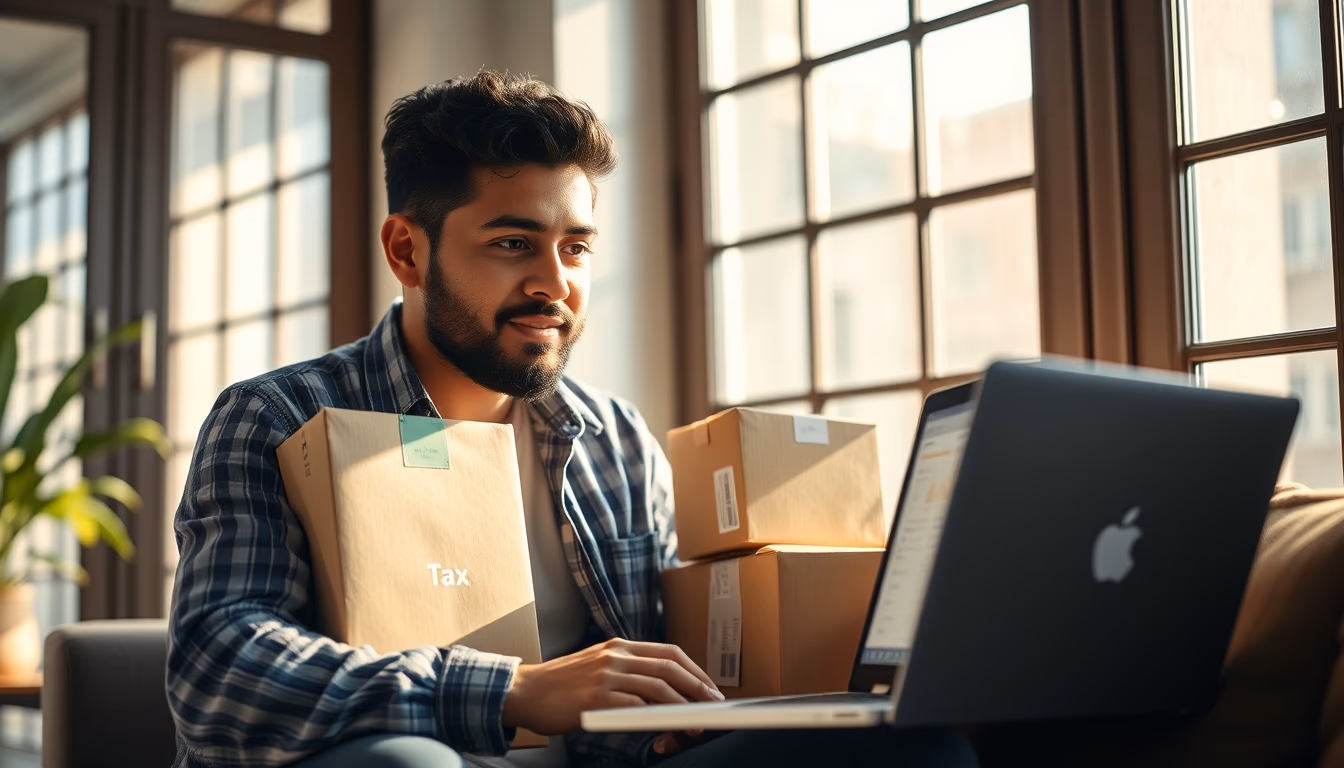 Brazilian e-commerce founder with packages and laptop showing tax software in editorial style