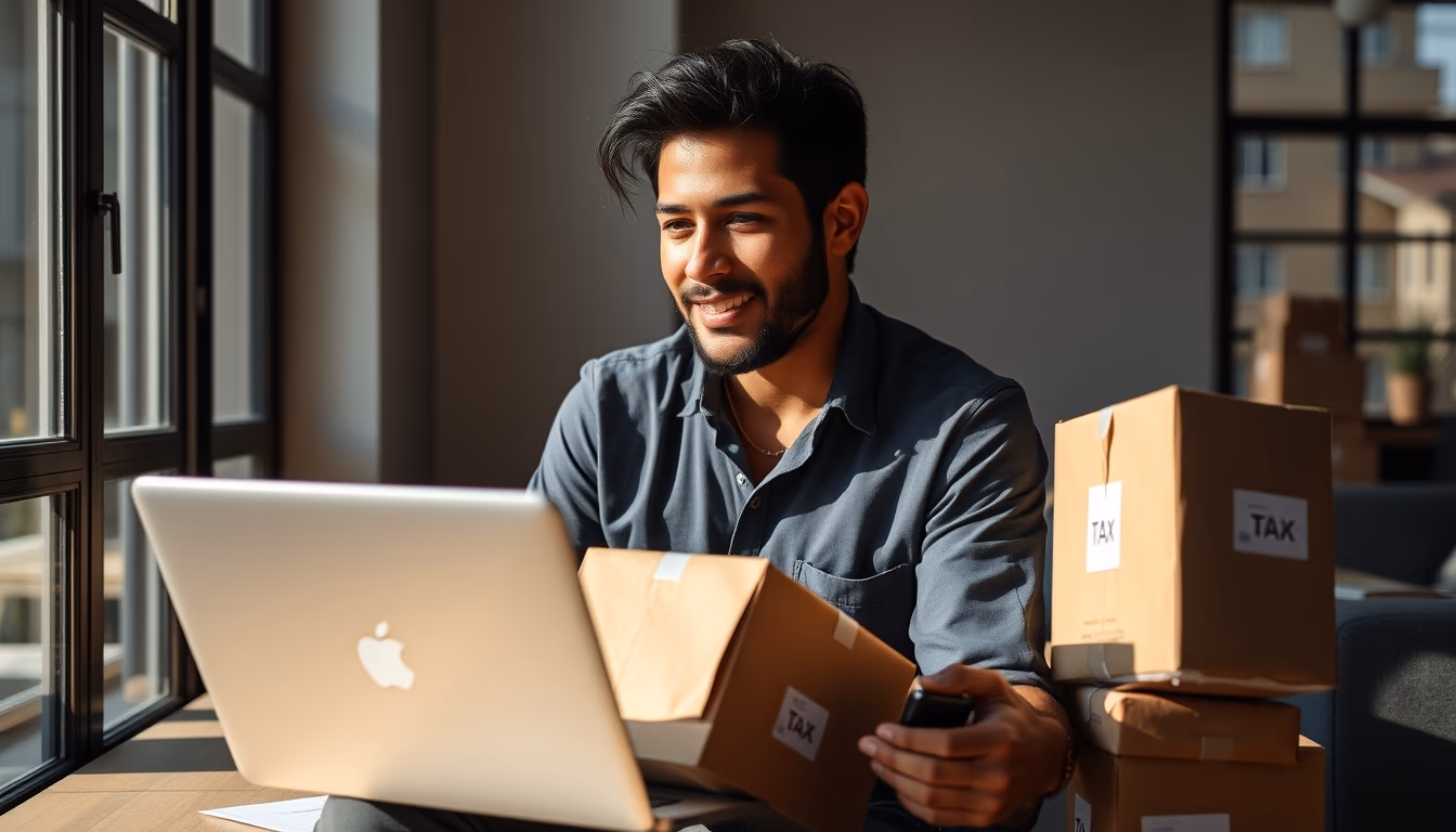 Brazilian e-commerce founder with packages and laptop showing tax software in editorial style