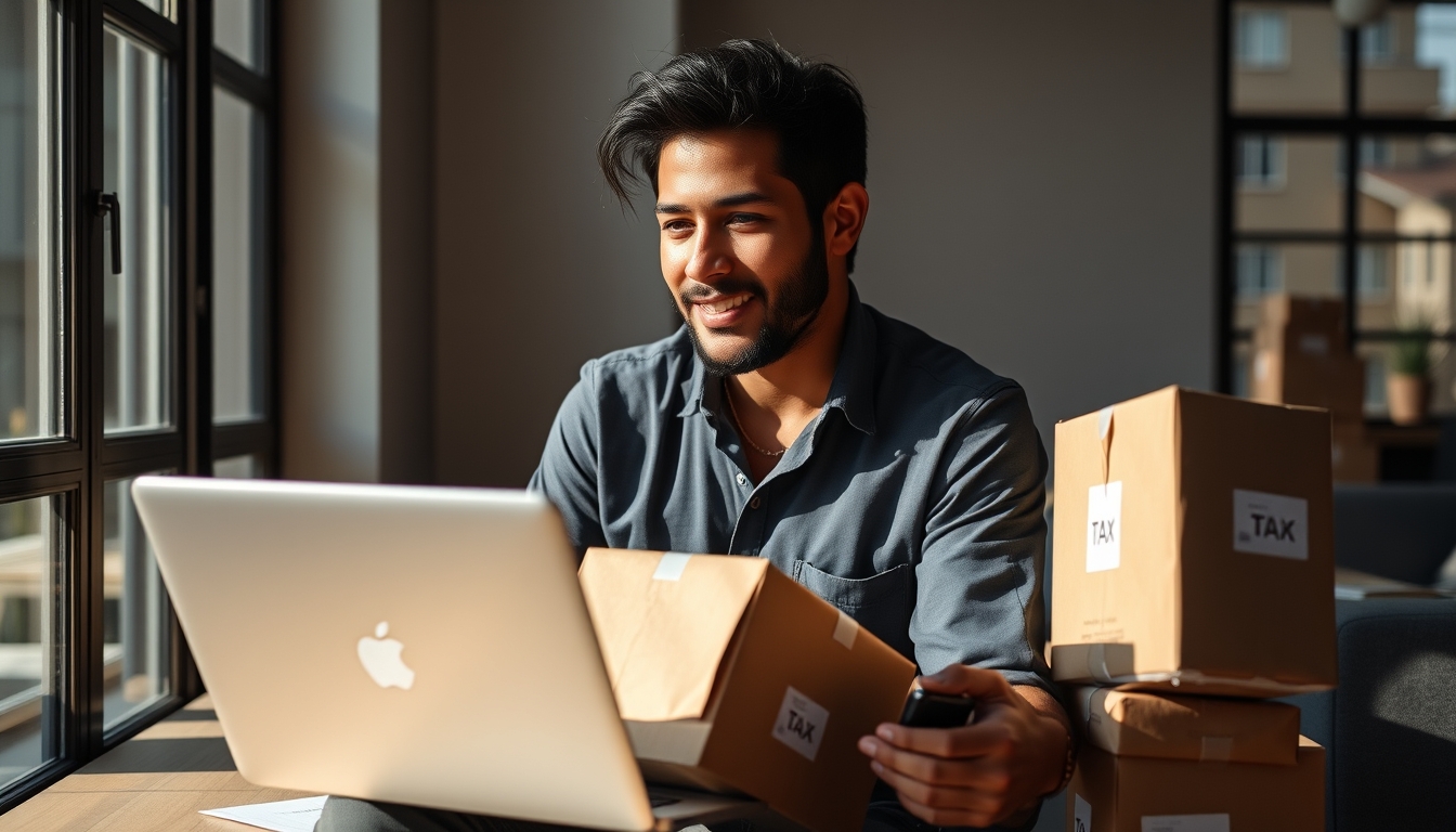 Fundador de e-commerce com pacotes e laptop com software fiscal em estilo editorial