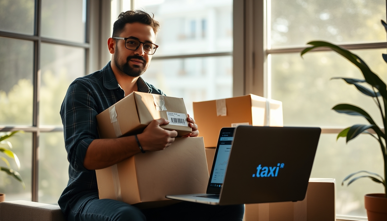 Fundador de e-commerce com pacotes e laptop com software fiscal em estilo editorial