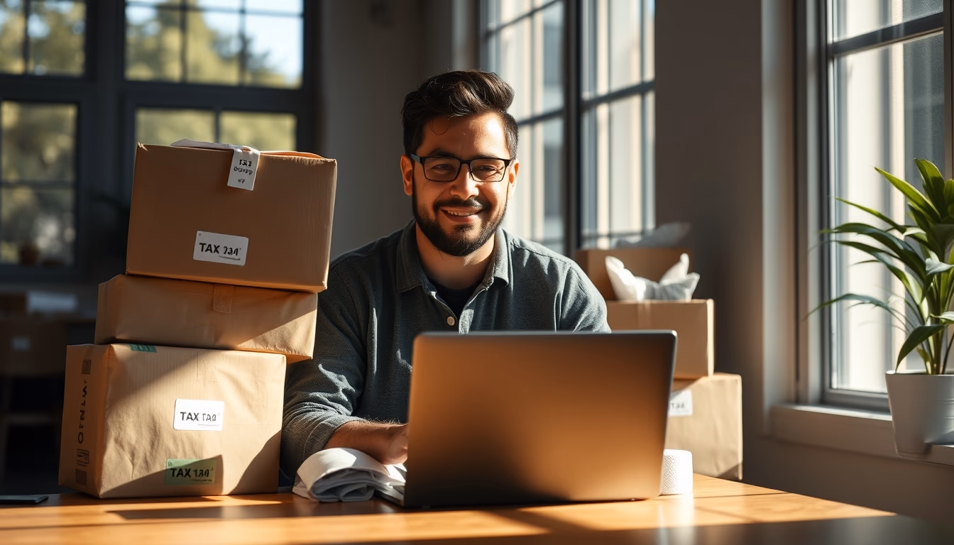 Brazilian e-commerce founder with packages and laptop showing tax software in editorial style
