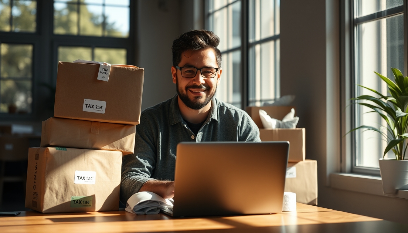 Fundador de e-commerce com pacotes e laptop com software fiscal em estilo editorial