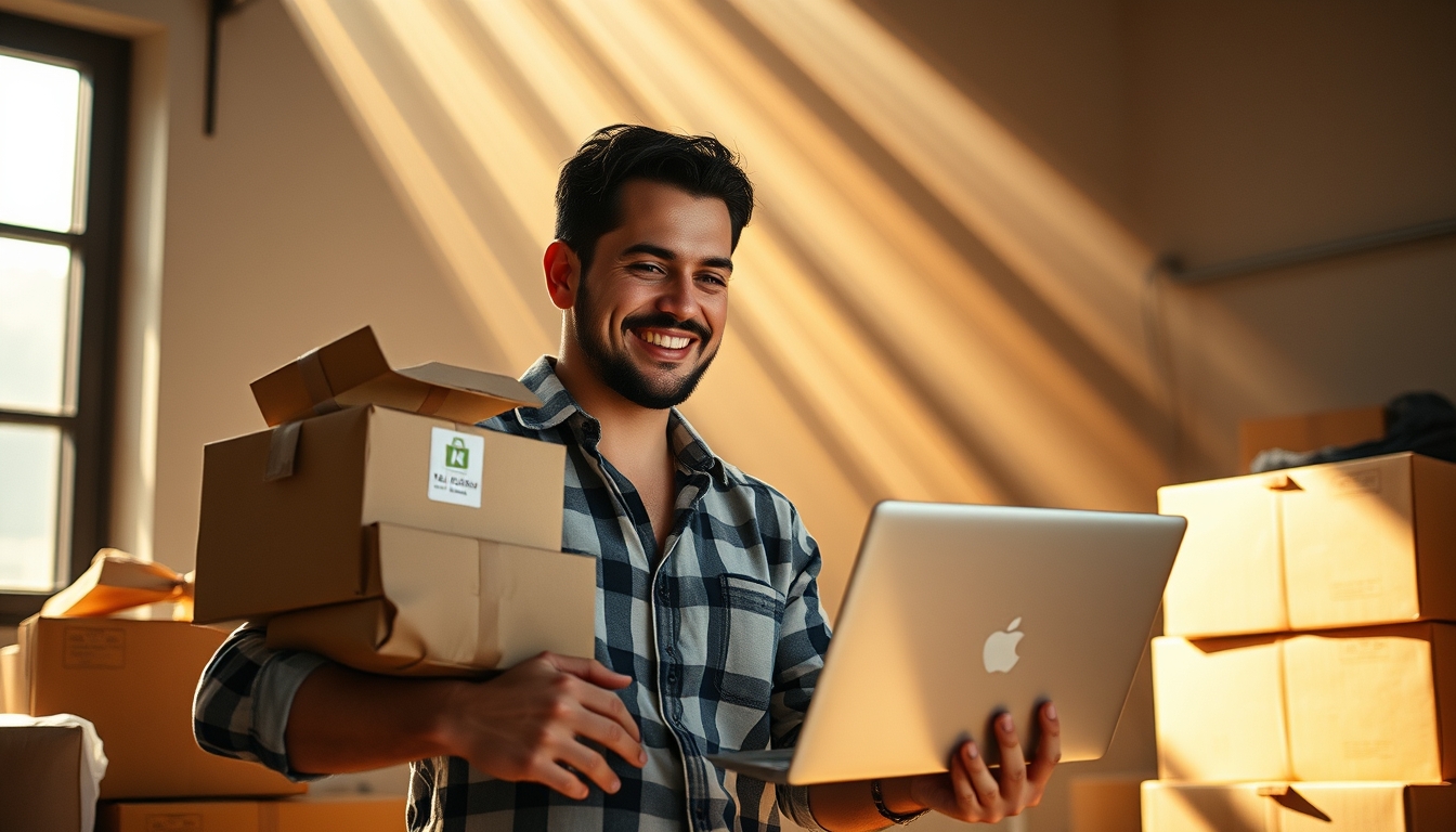 Fundador de e-commerce com pacotes e laptop com software fiscal em estilo editorial