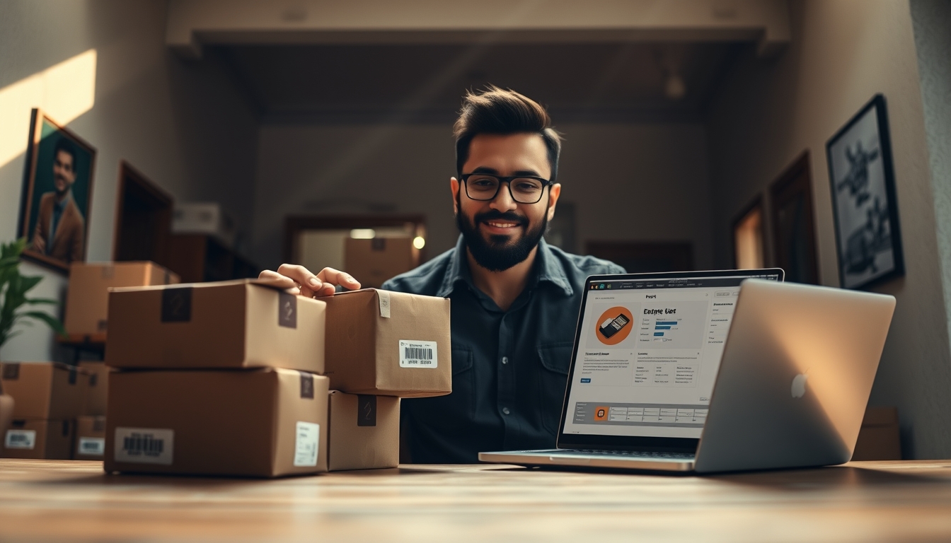 Fundador de e-commerce com pacotes e laptop com software fiscal em estilo editorial