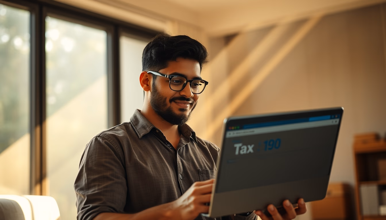 Brazilian e-commerce founder with packages and laptop showing tax software in editorial style