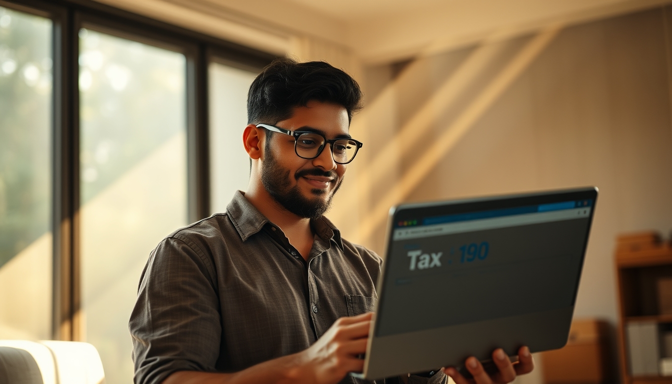 Fundador de e-commerce com pacotes e laptop com software fiscal em estilo editorial