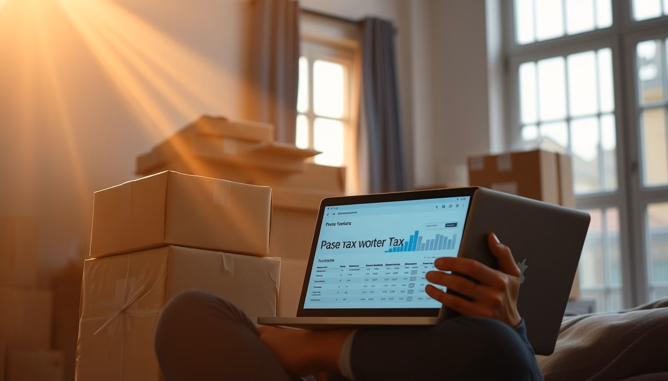 Brazilian e-commerce founder with packages and laptop showing tax software in editorial style