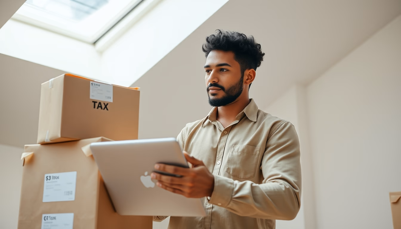 Brazilian e-commerce founder with packages and laptop showing tax software in editorial style
