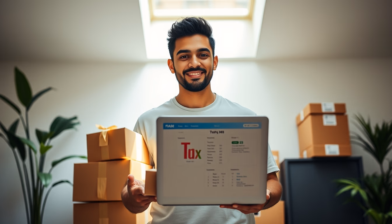 Fundador de e-commerce com pacotes e laptop com software fiscal em estilo editorial