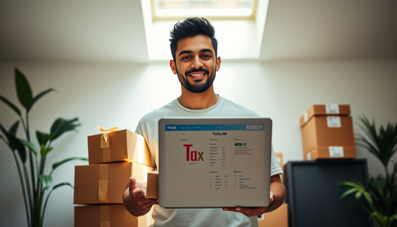 Fundador de e-commerce com pacotes e laptop com software fiscal em estilo editorial