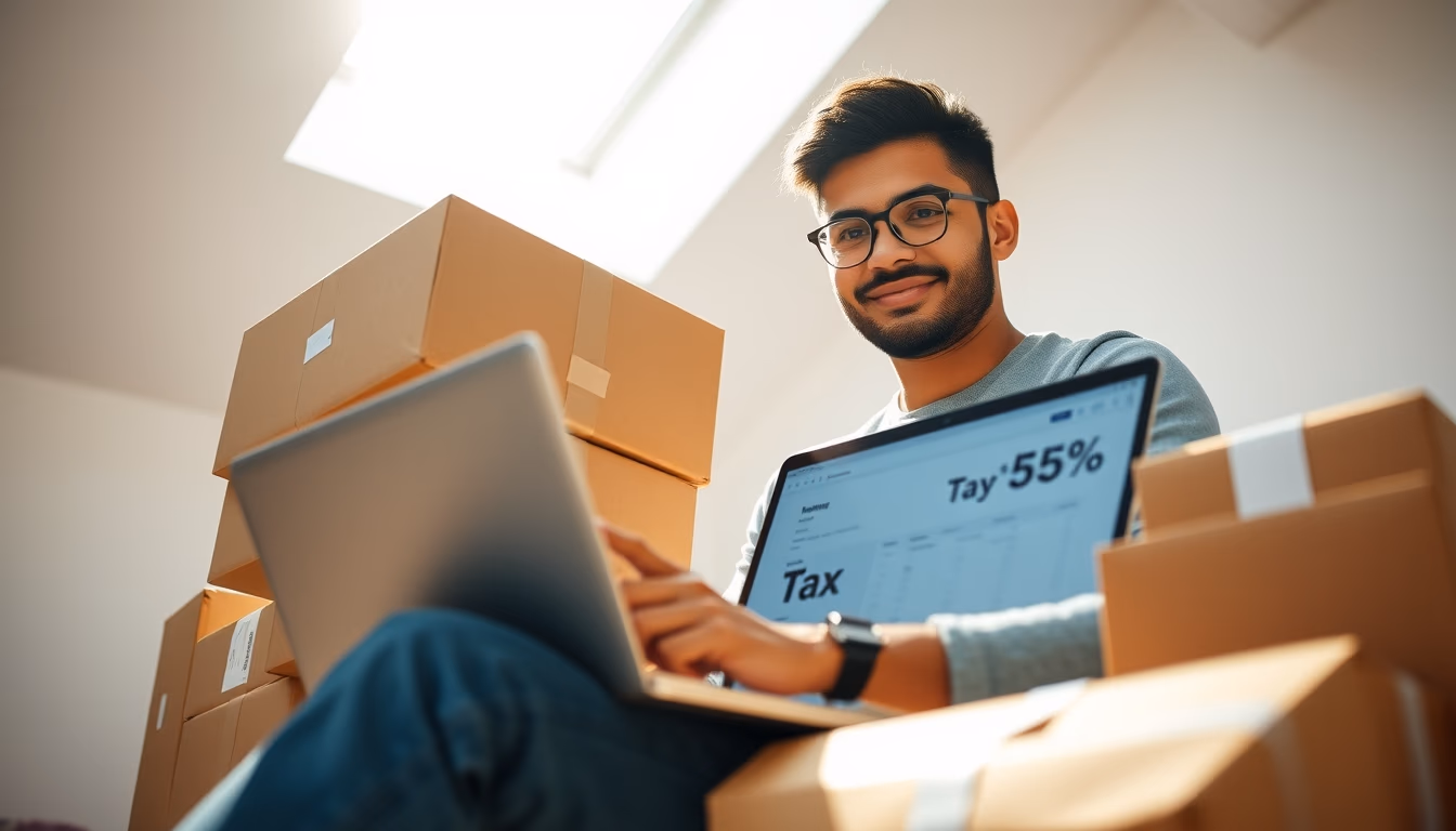 Fundador de e-commerce com pacotes e laptop com software fiscal em estilo editorial