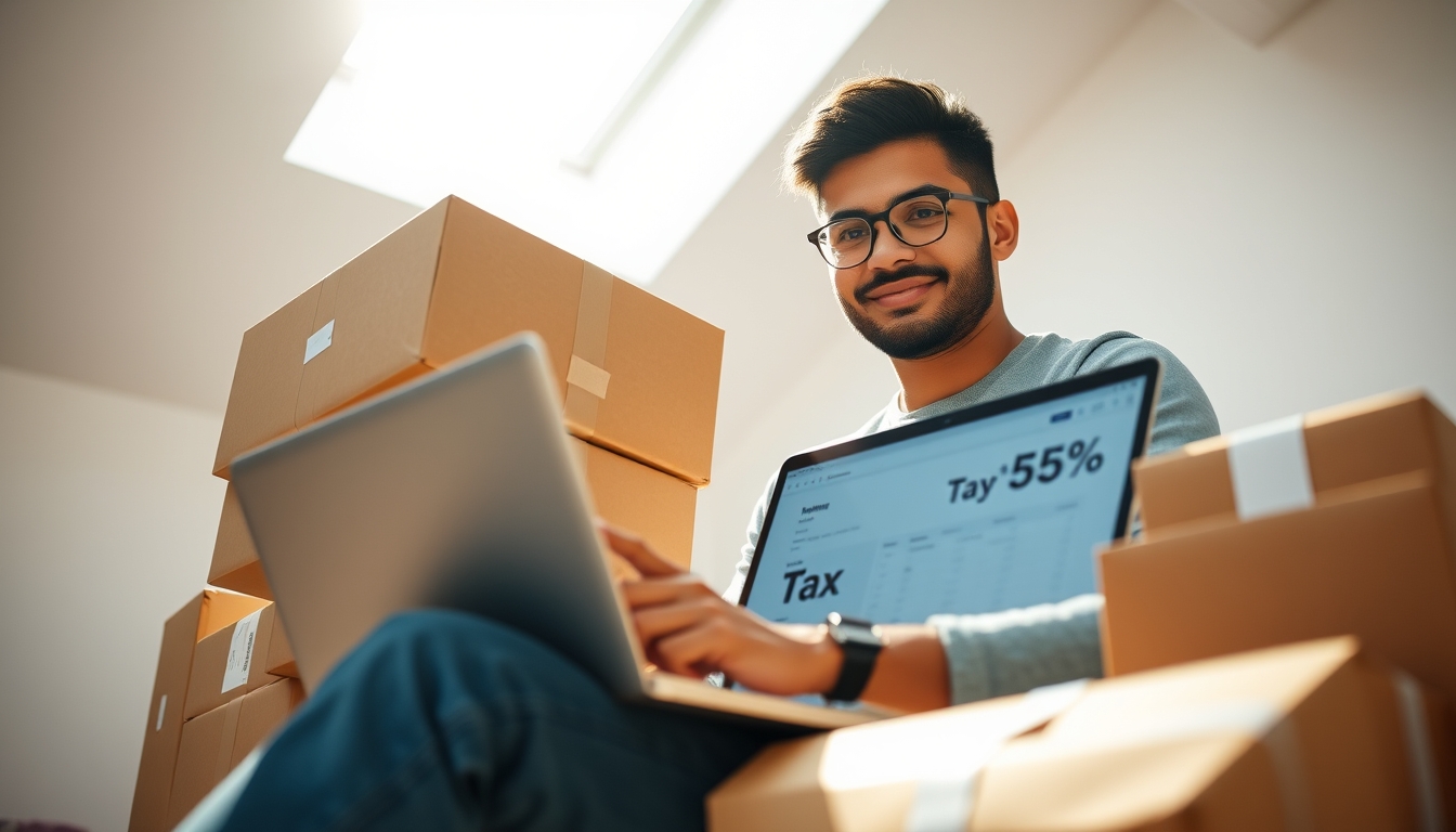 Fundador de e-commerce com pacotes e laptop com software fiscal em estilo editorial