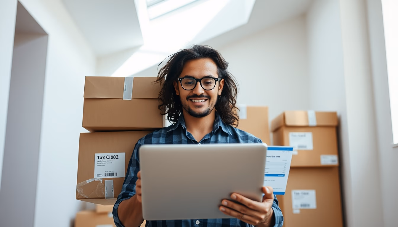 Brazilian e-commerce founder with packages and laptop showing tax software in editorial style