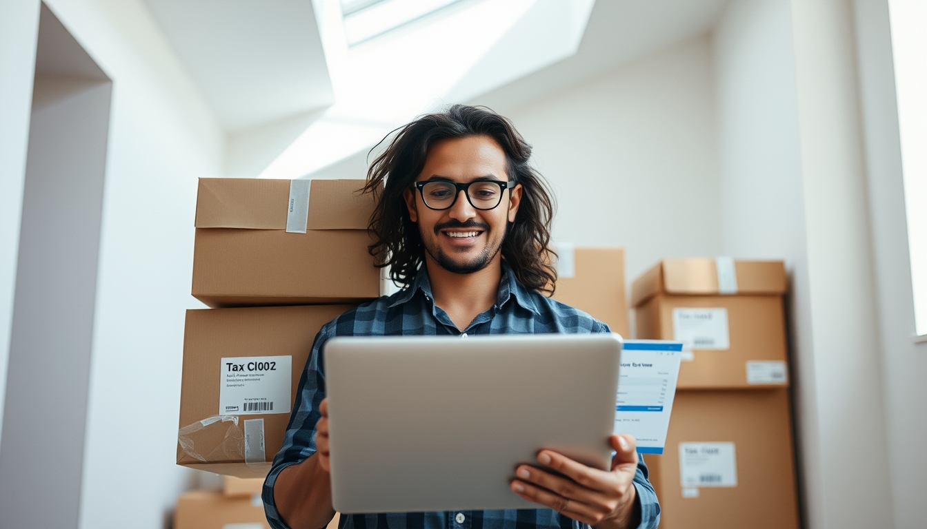 Fundador de e-commerce com pacotes e laptop com software fiscal em estilo editorial