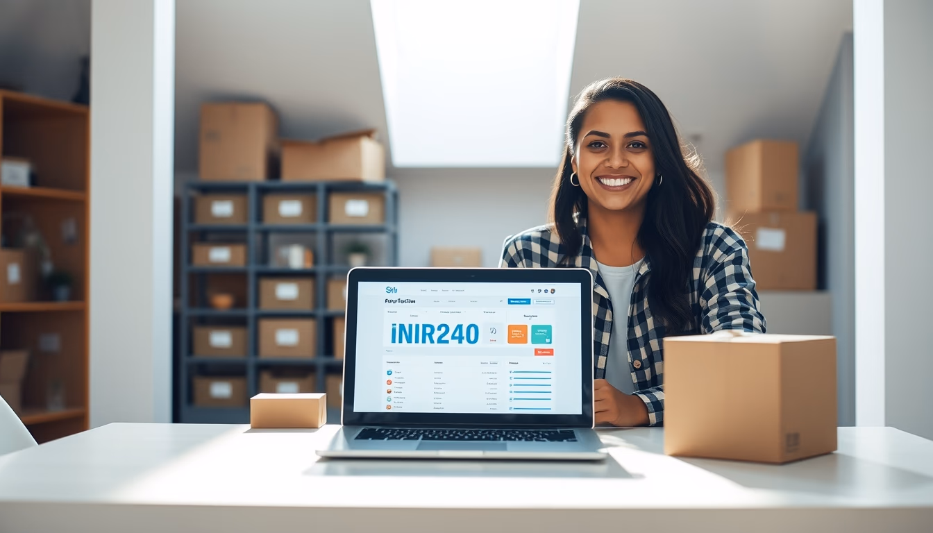 Brazilian e-commerce founder with packages and laptop showing tax software in editorial style