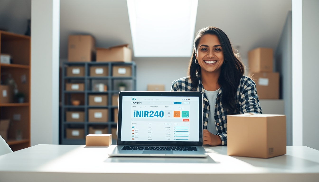 Fundador de e-commerce com pacotes e laptop com software fiscal em estilo editorial