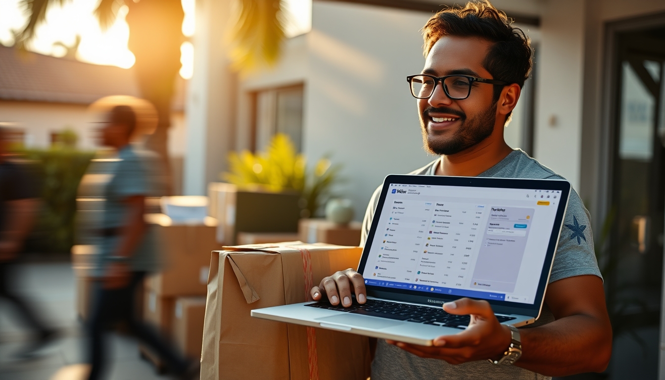 Fundador de e-commerce com pacotes e laptop com software fiscal em estilo editorial