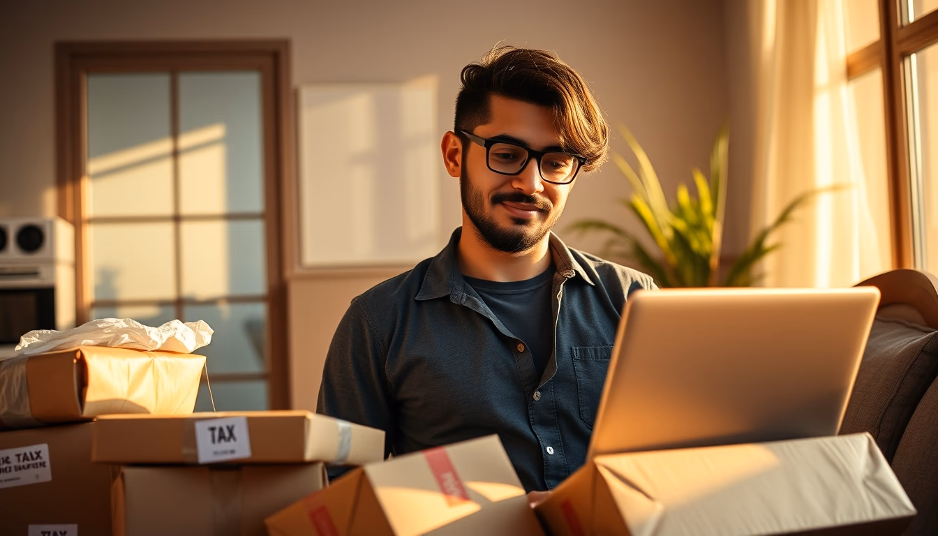 Fundador de e-commerce com pacotes e laptop com software fiscal em estilo editorial