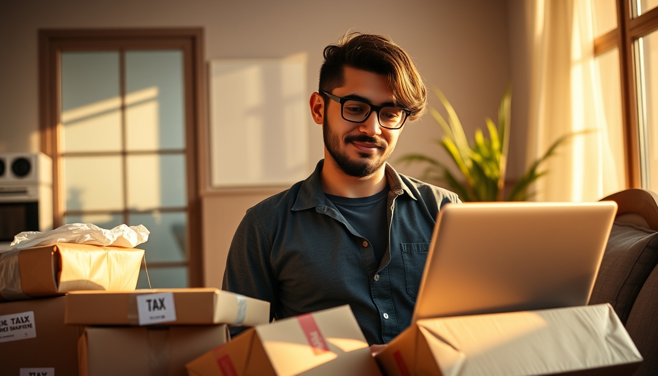 Fundador de e-commerce com pacotes e laptop com software fiscal em estilo editorial