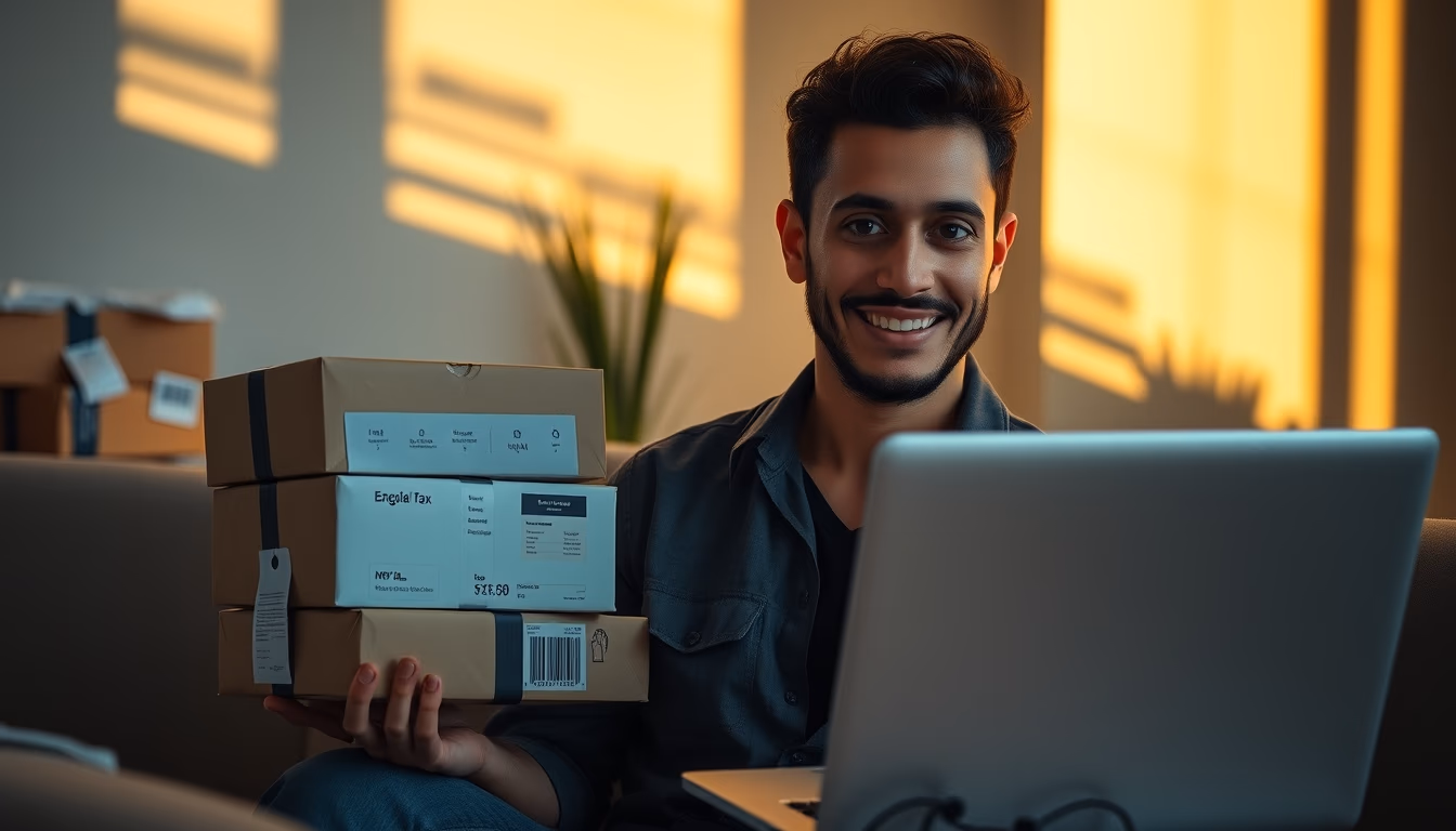 Fundador de e-commerce com pacotes e laptop com software fiscal em estilo editorial