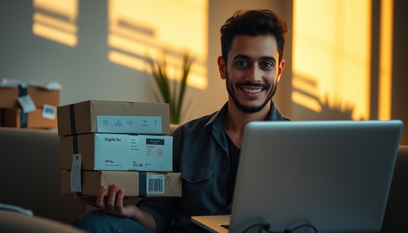 Fundador de e-commerce com pacotes e laptop com software fiscal em estilo editorial