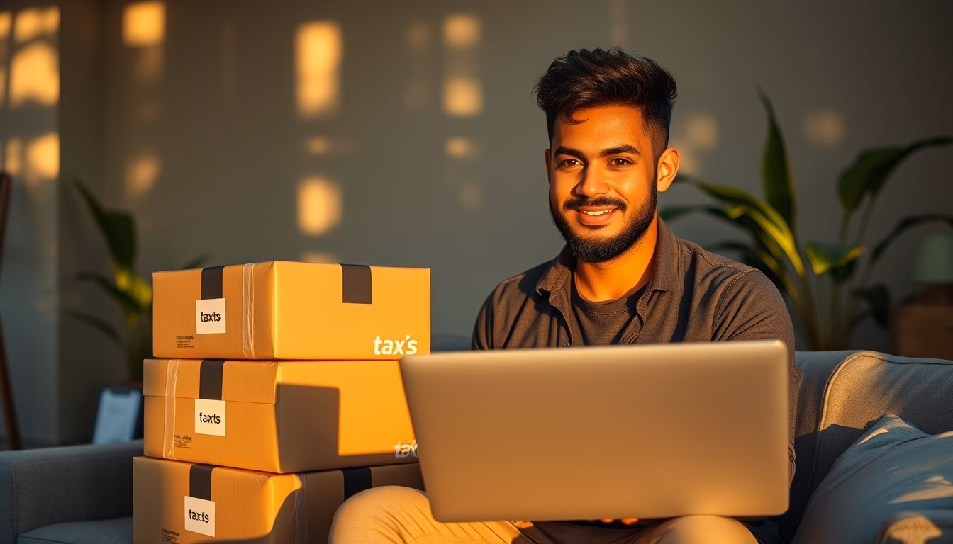 Brazilian e-commerce founder with packages and laptop showing tax software in editorial style