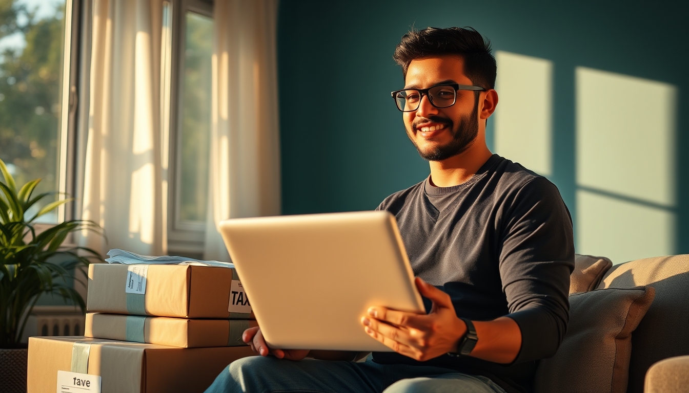 Fundador de e-commerce com pacotes e laptop com software fiscal em estilo editorial