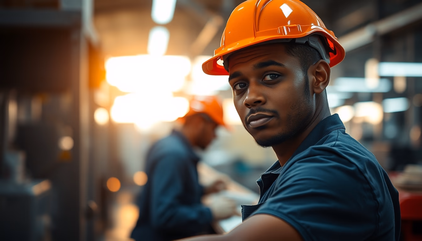 Brazilian factory worker on assembly line with safety helmet in editorial style