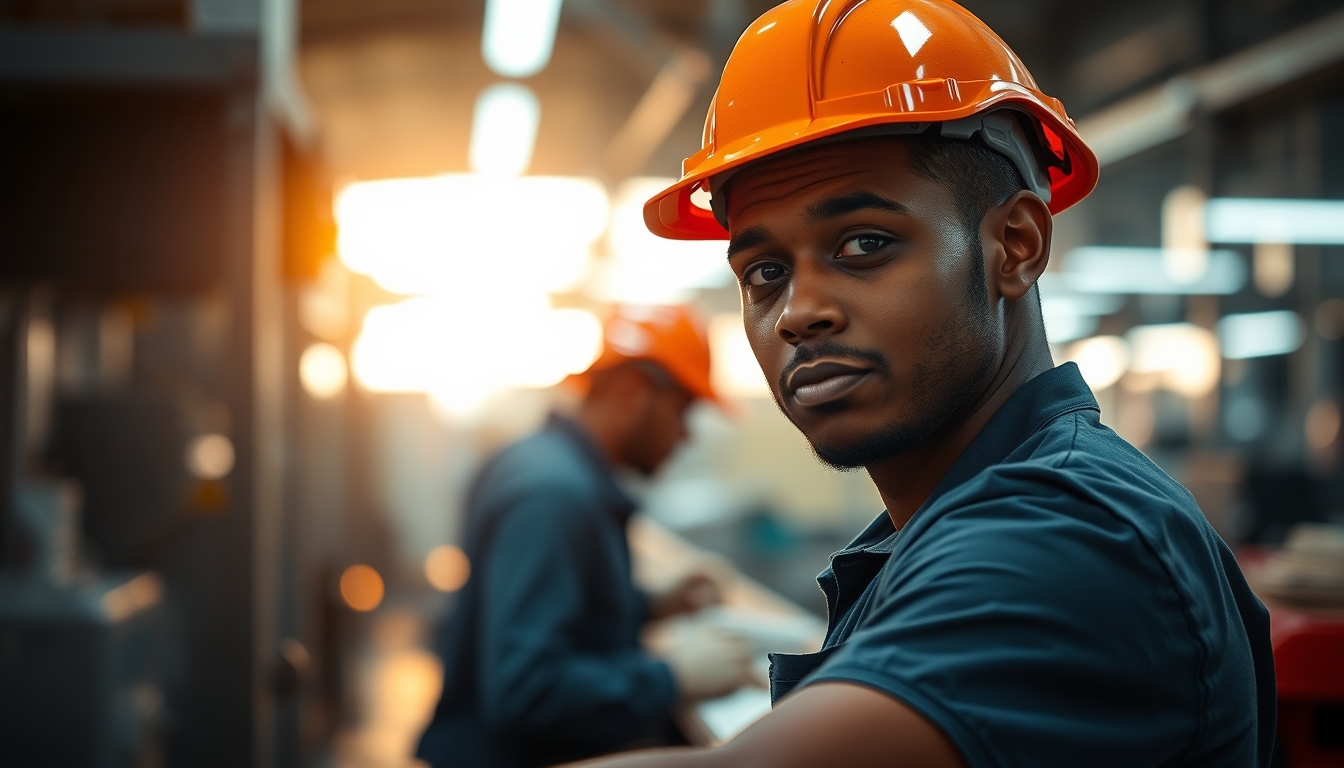 Operário brasileiro na linha de montagem com capacete em estilo editorial