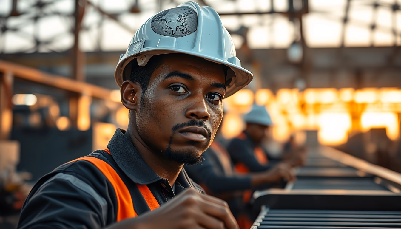 Brazilian factory worker on assembly line with safety helmet in editorial style