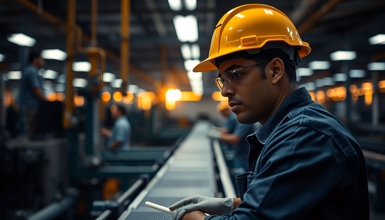 Brazilian factory worker on assembly line with safety helmet in editorial style
