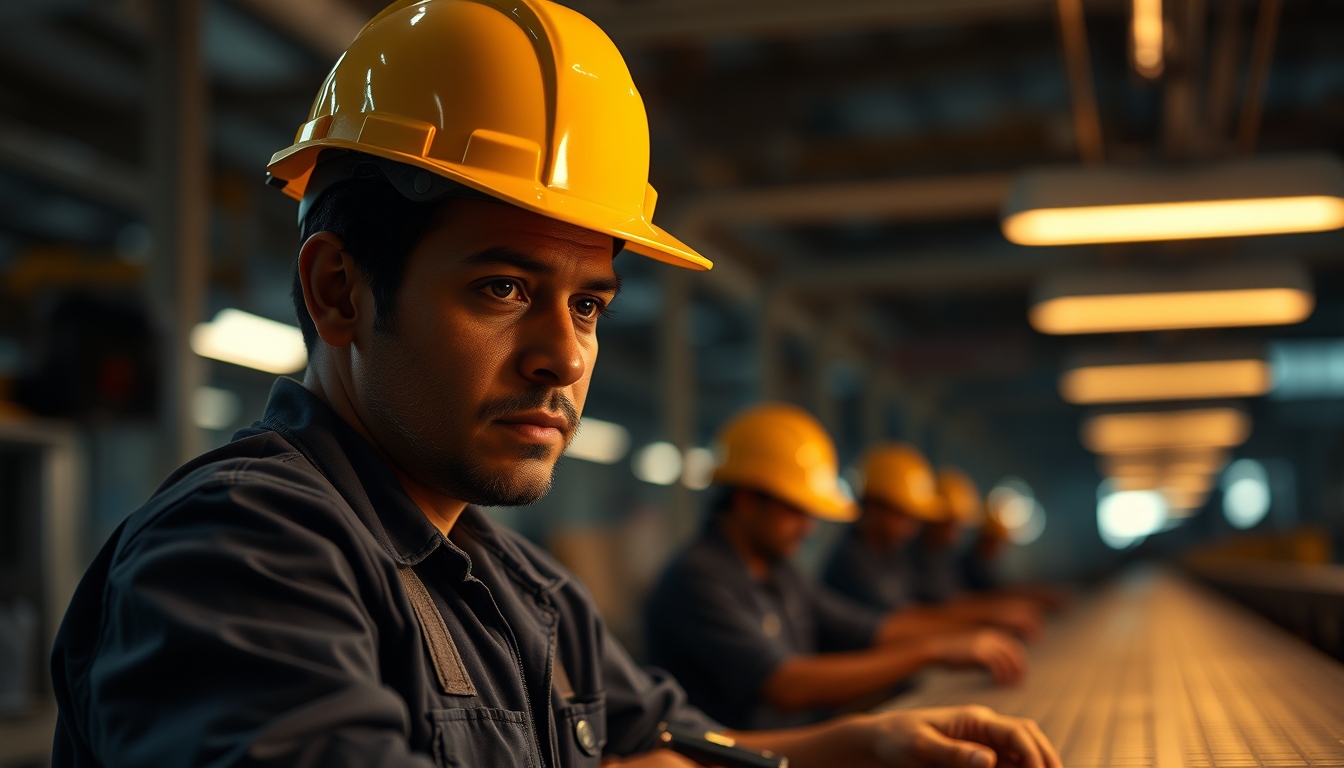 Brazilian factory worker on assembly line with safety helmet in editorial style