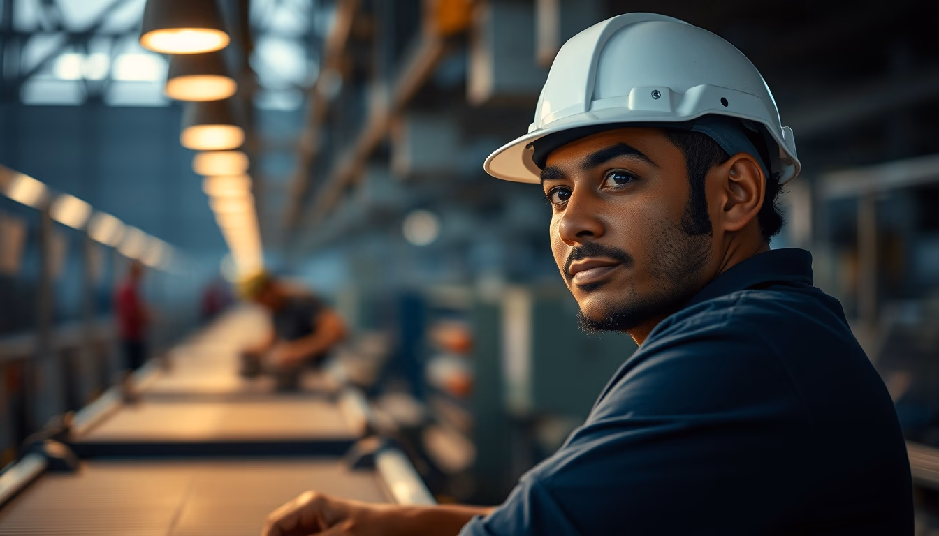 Brazilian factory worker on assembly line with safety helmet in editorial style
