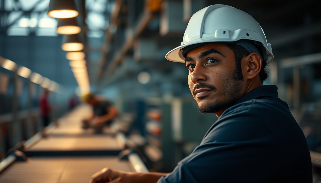 Brazilian factory worker on assembly line with safety helmet in editorial style