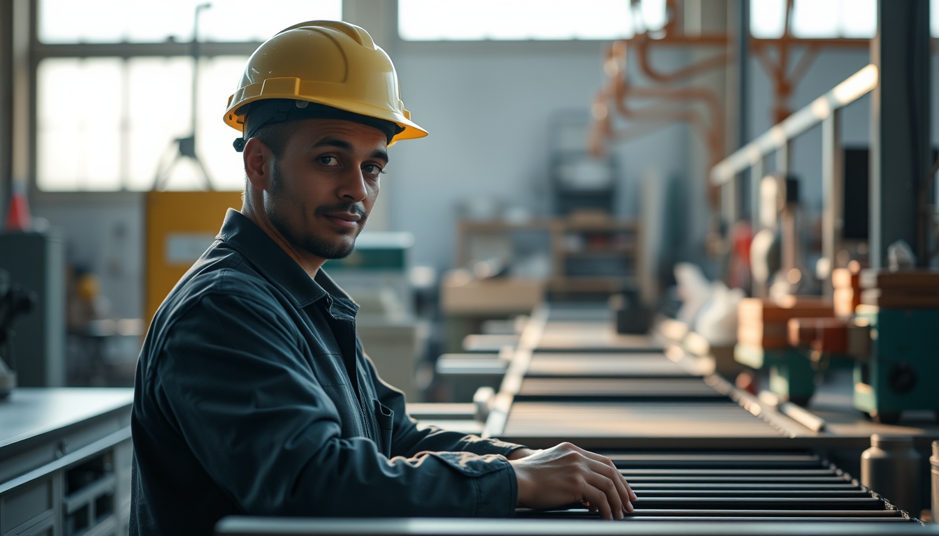 Operário brasileiro na linha de montagem com capacete em estilo editorial