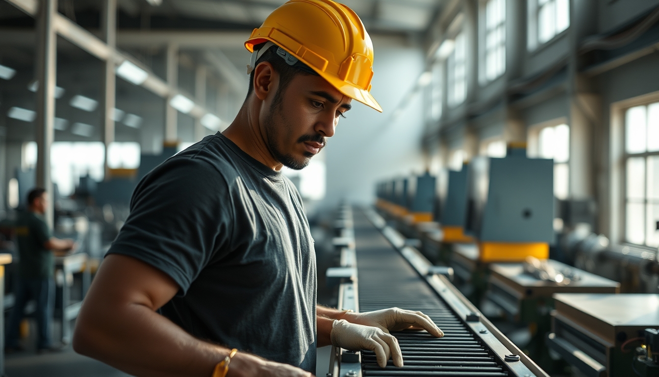 Brazilian factory worker on assembly line with safety helmet in editorial style