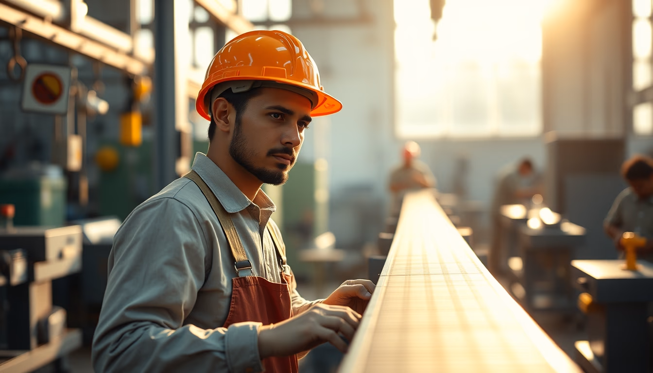 Brazilian factory worker on assembly line with safety helmet in editorial style