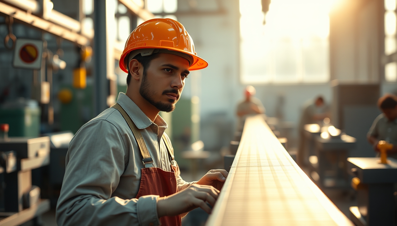 Brazilian factory worker on assembly line with safety helmet in editorial style