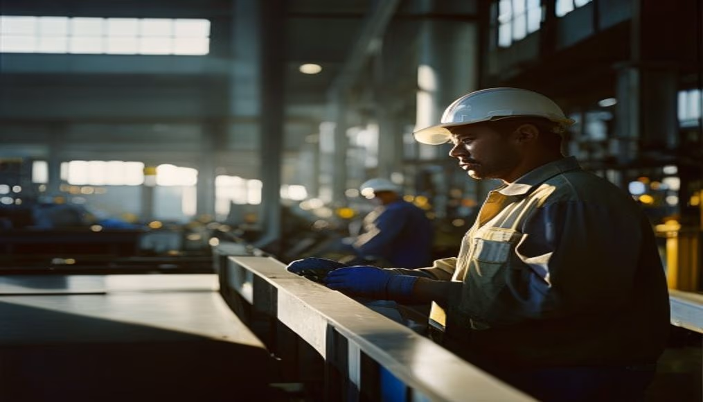 Brazilian factory worker on assembly line with safety helmet in editorial style