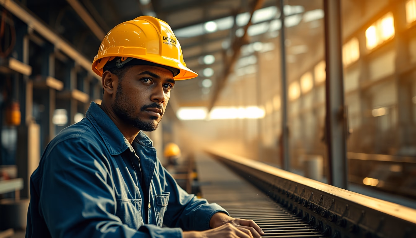 Brazilian factory worker on assembly line with safety helmet in editorial style