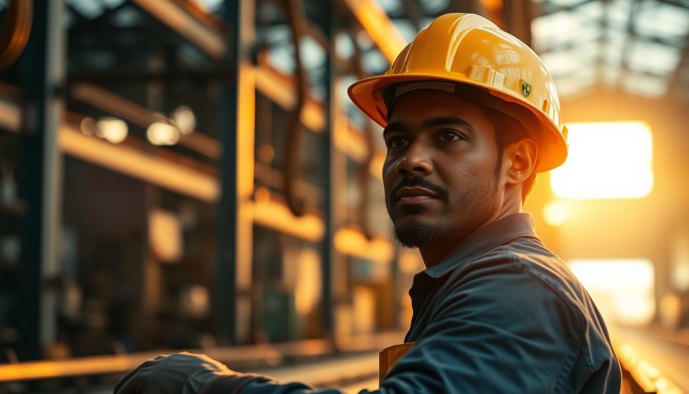 Operário brasileiro na linha de montagem com capacete em estilo editorial