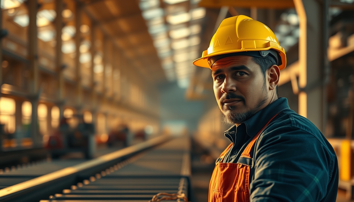 Brazilian factory worker on assembly line with safety helmet in editorial style