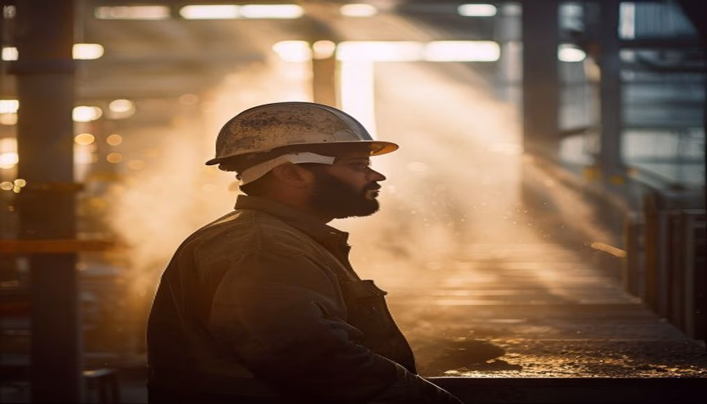 Brazilian factory worker on assembly line with safety helmet in editorial style