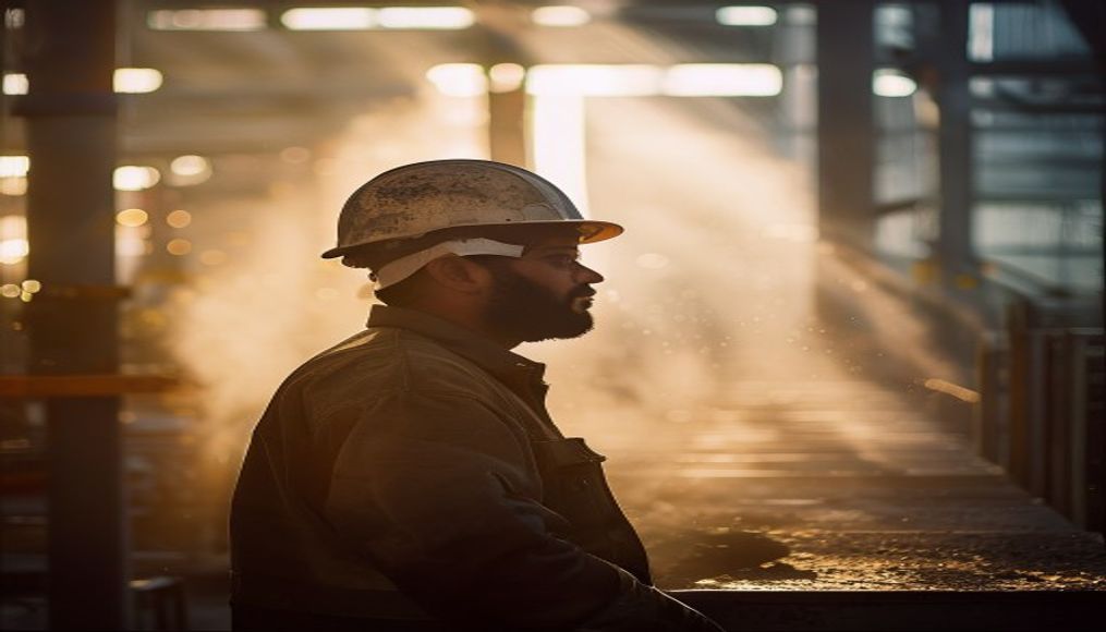 Brazilian factory worker on assembly line with safety helmet in editorial style